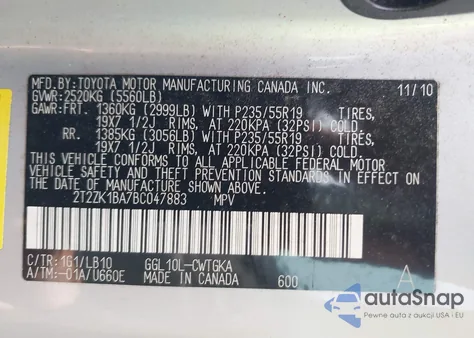 2011 Lexus Rx 350 из США, поврежденный, VIN 2T2ZK1BA7BC047883